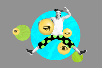 Collage photo of young funny sportive guy jumping up showing biceps crazy coach hold absurd ball mouth trampoline isolated on gray color background