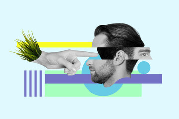 Creative poster collage of hand pushing male face glitch visual effect green organic grass ecology environment mind mental psychology