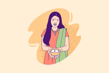 Illustrations beautiful indian woman holding diya lamp for Celebration Diwali Day Design concept