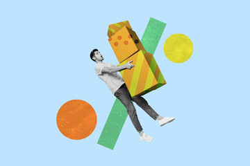 3d retro abstract creative artwork template collage of funny young man holding pile stack carton...