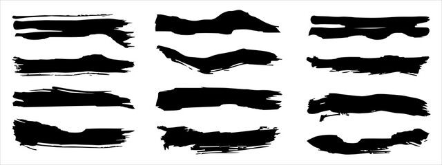 Vector collection of artistic grungy black paint hand made creative brush stroke set isolated on banner background. A group of abstract grunge sketches for design education or graphic art decoration