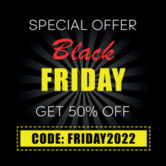 Black Friday promotional flyer for distribution, red and yellow letters on a black background, promotional code for a discount