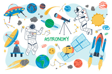 Astronomy concept isolated elements set. Bundle of astronauts fly in outer space, planets, celestial bodies of solar system, spaceship, shuttle, satellite. Illustration in flat cartoon design