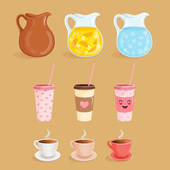 Set dishes for drinks. Set of vector illustrations of espresso, cappuccino, latte, raf with milk and sweet dessert.