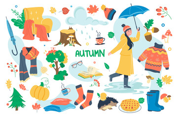 Autumn concept isolated elements set. Bundle of girl in raincoat with umbrella, fall yellow leaves, rainy weather, reading books, cozy warm clothes, forest. Illustration in flat cartoon design
