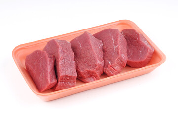 Raw Beef slice in plate package isolated