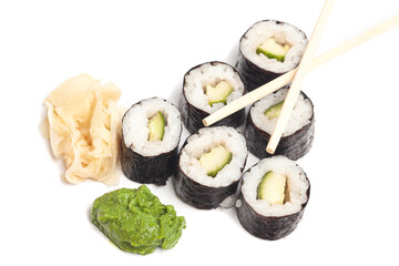 Sushi rolls cucumber japanese food isolated on white background.