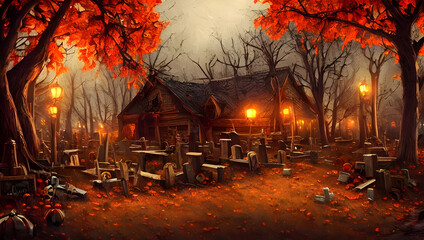 spooky halloween night - pumpkin, graveyard, ghost house - painting
