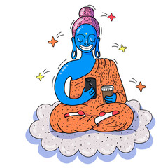Buddha with cooffee and smartphone.