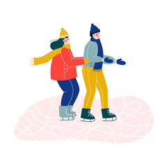 Young couple of woman and man ice skating together on ice rink, holding hands.