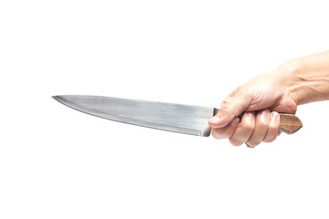 Kitchen knife in a man's hand, isolated on white background.