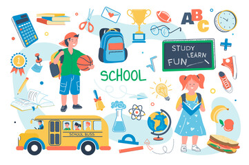 School concept isolated elements set. Bundle of schoolchildren study, girl reads book, boy with backpack holds ball, school bus, chalkboard, stationery. Illustration in flat cartoon design