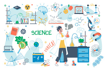 Science concept isolated elements set. Bundle of scientist making scientific research or test, laboratory equipment, physics, chemistry, molecule, atom. Illustration in flat cartoon design