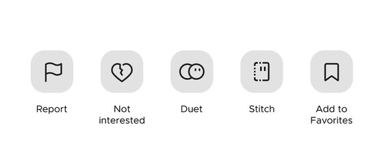 Report, not interested, duet, stitch, and add to favorites. Icon set of Tiktok interface