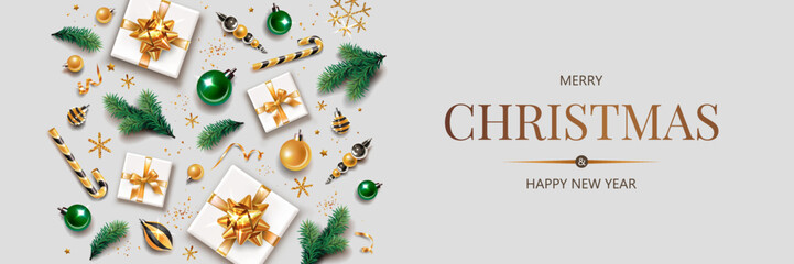 Horizontal banner with gold Christmas symbols and text. Christmas tree, gift, golden tinsel confetti and snowflakes on light background. Header for website template.
