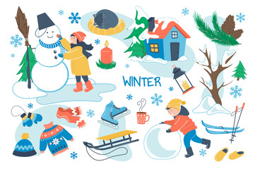 Fototapeta na wymiar Winter concept isolated elements set. Bundle of children play outdoors, boy and girl make snowman, sledges, skates, warm clothes, cozy home, snowflakes. Illustration in flat cartoon design