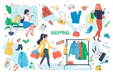 Shopping concept isolated elements set. Bundle of women with bags buy clothes, cosmetics, shoes, accessories, fashion outfit, hanging apparel, sale offer. Illustration in flat cartoon design