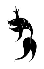 A fish with teeth and a crown. Fish is an evil princess. The silhouette is black with white lines.