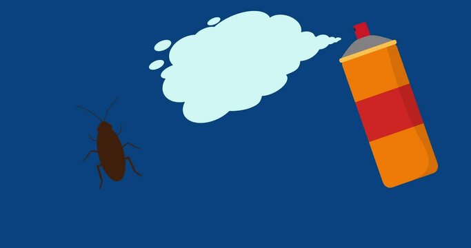 Cockroach on blue background. Insect cockroach animation with anti insects spray. Inscription Pest control