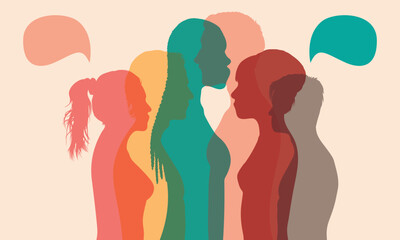 People communicating between each other. A discussion group of diverse individuals. A crowd of people speaking and vector cartoon characters.