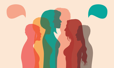 People talking in a crowd. Social networking communication. Communication between people. Multicoloured profile vector character.
