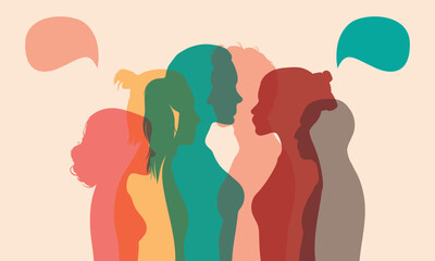 The concept of communication and social networking among a group of diverse people. Coloured clouds. Speech bubbles with multi-ethnic people.