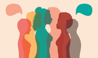 Multiethnic group talking. Sharing of information and ideas. Vector character. Speak and globalisation. Family group and speech bubbles.
