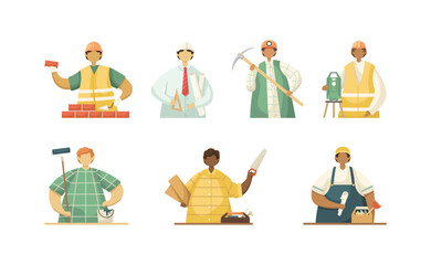 Vector set of illustrations of professional workers in the engineering field. Flat style