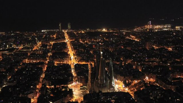 Sagrada Familia cathedral, an evening view of Barcelona, night