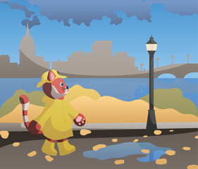 Illustration of an autumn city park. A red panda in a yellow raincoat walks along the embankment. Green and yellow bushes, a city on the background, a pillar. Ready to use eps for your design