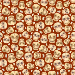 Funny human skulls seamless pattern. Watercolor halloween background