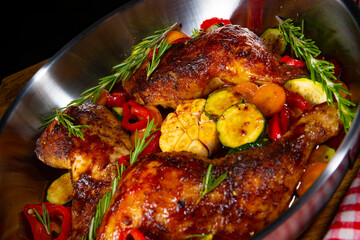 Fried chicken legs with various vegetables and spices