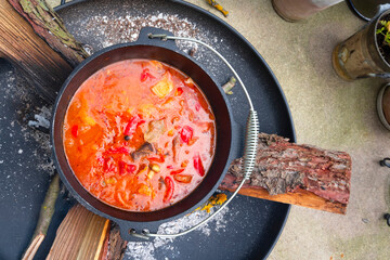 Kettle Hungarian goulash soup with potatoes