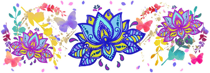 Fototapeta na wymiar Lotus flowers, butterflies, gold splashes. Yoga, mandala, tattoo template.