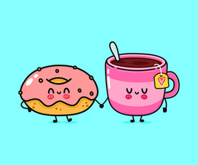 Cute, funny happy cup of coffee and pink donut character. Vector hand drawn cartoon kawaii characters, illustration icon. Funny cartoon cup of tea and pink donut friends concept