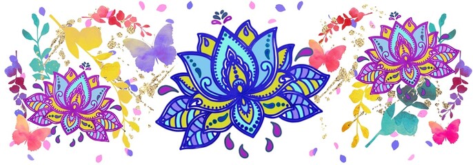 Lotus, mandala, butterflies, flowers. Multicoloured pattern. Yoga , celebration template.