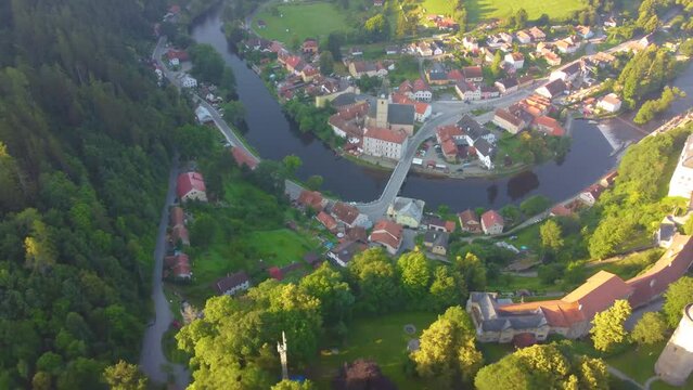 Rozmberk Castle and Vltava River from above