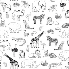 African animals vector line seamless pattern.