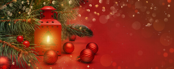 Fototapeta premium Spruce, fir branches, lantern, red baubles on red background. Christmas greeting card. Christmas lights. Frame border. Christmas composition. Space for text. Banner.
