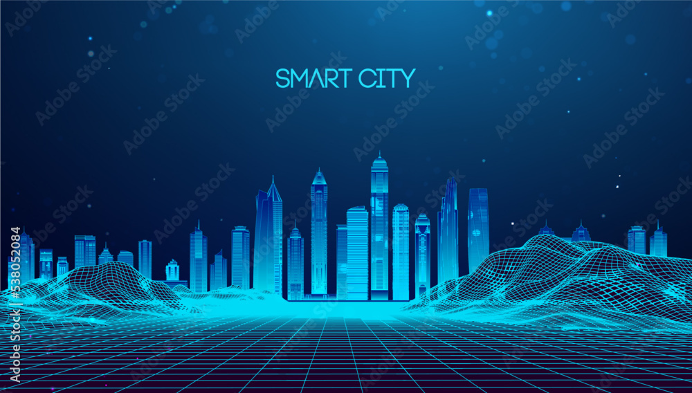 Poster smart city abstract illustration blue background in low poly style. global social network connection