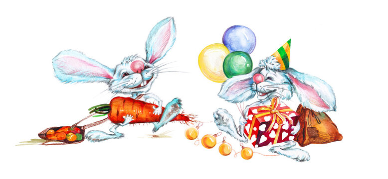 Rabbits celebrate with balloons, carrots, gifts. Set of watercolor illustrations.