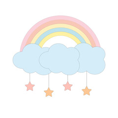 Multicolored rainbow with clouds and stars.