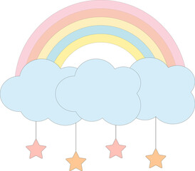 Multicolored rainbow with clouds and stars.