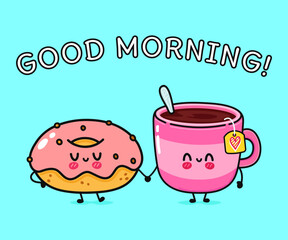 Cute, funny happy cup of coffee and pink donut character. Vector hand drawn cartoon kawaii characters, illustration icon. Funny cartoon cup of tea and pink donut friends concept