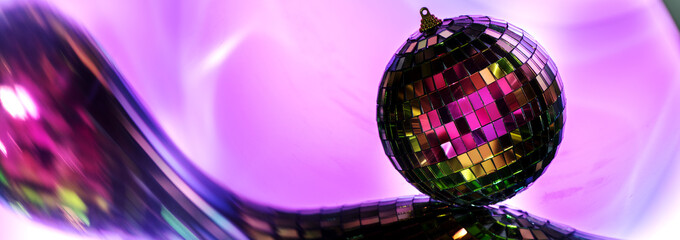 Glittering mirror DISCO PARTY BALLS banner . Entertainment, disco or music show background. night club.