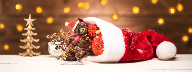 Christmas banner. Funny Bear and presents with decorations Christmas or New Year. winter holiday concept