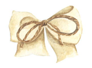 Brown bow and rope bow. Watercolor illustration.