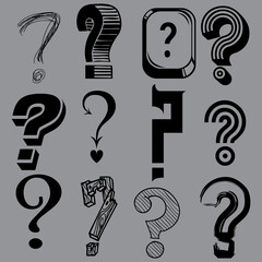 Set of abstract artistic calligraphic question marks, collection of black graphic multiple signs. 