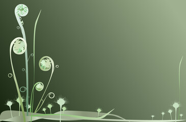 green botanical abstract background depicting young fern leaves, its shoots and sundew