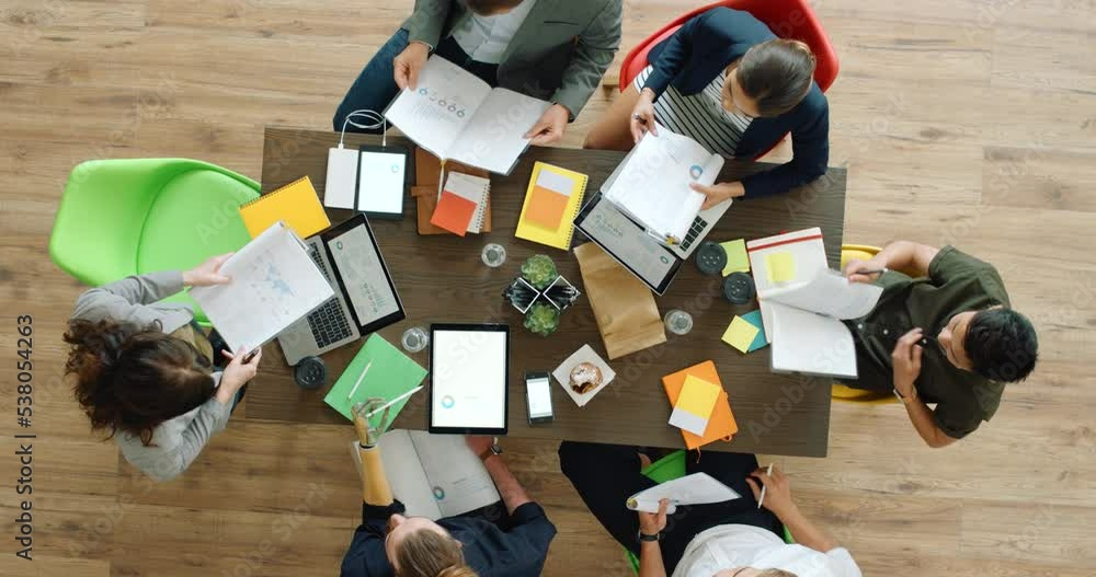 Aufkleber team working, business project planning and employees busy with strategy and tech meeting. top view 